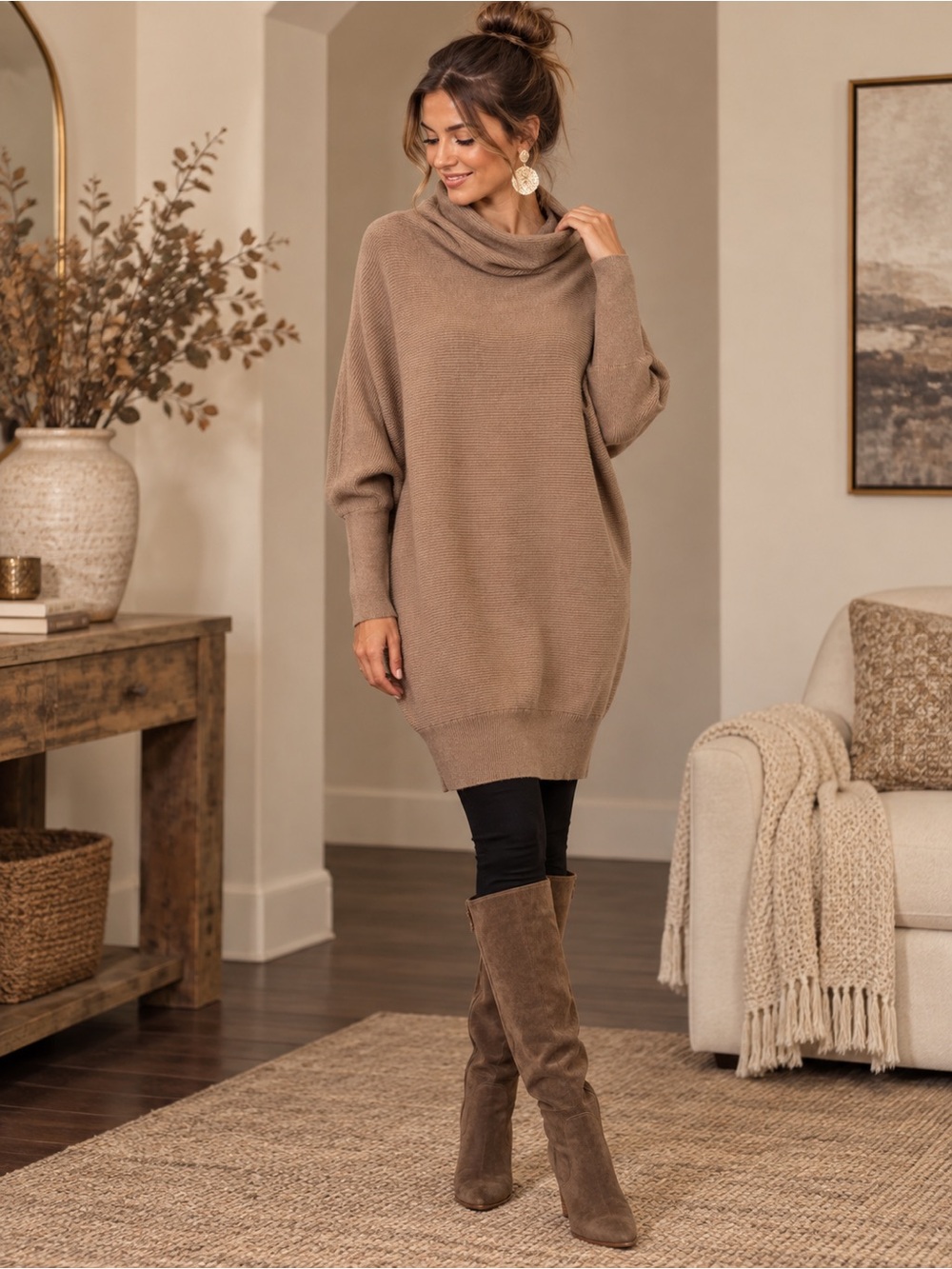 Bluivy M/L Tan Oversized Cowl Neck Sweater Tunic Dolman Sleeve Quiet Luxury